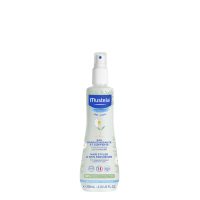 Spray  of  Mustela  Hair  Styler  and  Skin  Freshener  by  Mustela,  a  scented  water  indicated  for  baby  hair  and  skin.
