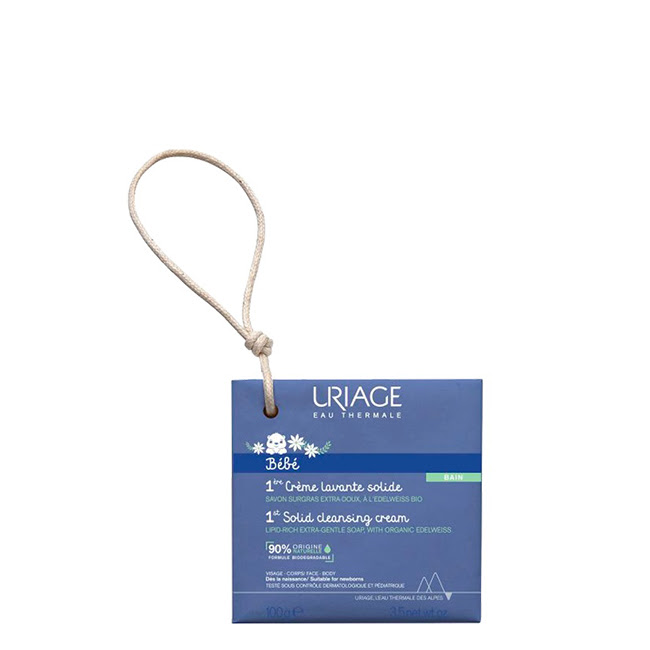 UriageBabySolidCleansingCream100g Product container of Uriage Baby Solid Cleansing Cream by Uriage, a solid soap-like cream indicated for delicate baby skin.