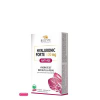 Box  of  Biocyte  Hyaluronic  Forte  300mg  Capsules  by  Biocyte,  a  food  supplement  indicated  for  reducing  fine  lines  and  wrinkles.
