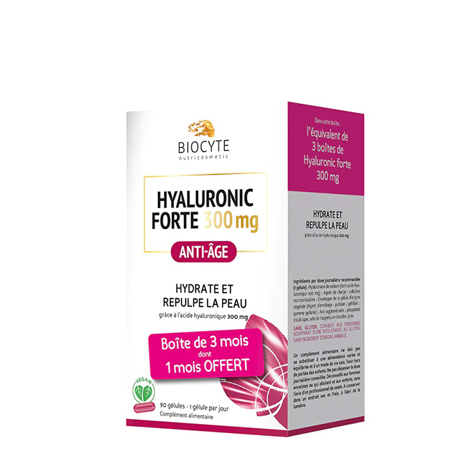 biocyte-hyaluronic-forte-300-mg-x90 Box of Biocyte Hyaluronic Forte 300mg Capsules by Biocyte, a food supplement indicated for reducing fine lines and wrinkles.