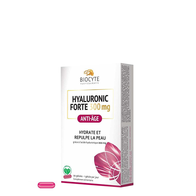 biocyte-hyaluronic-forte-300-mg Box of Biocyte Hyaluronic Forte 300mg Capsules by Biocyte, a food supplement indicated for reducing fine lines and wrinkles.
