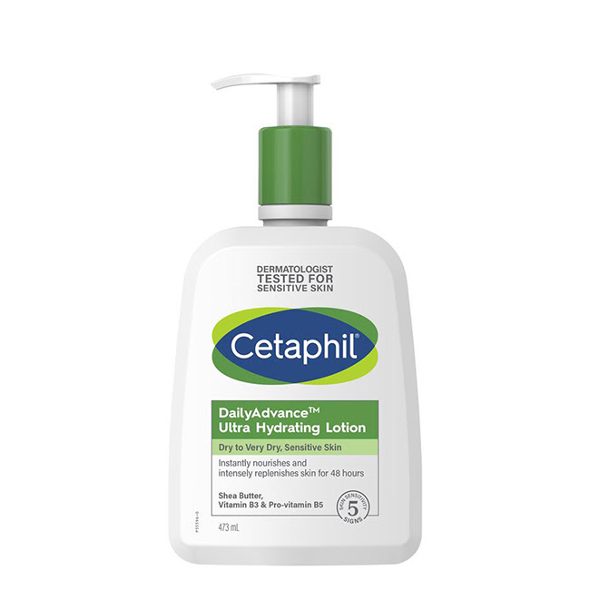 CetaphilDailyAdvanceUltraHydratingLotion473ml Bottle of Daily Advance Ultra Hydrating Lotion by Cetaphil, a lotion indicated for moisturizing dry and sensitive skin.