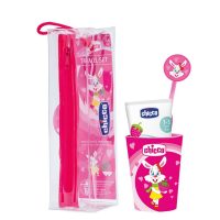Box  of  Chicco  Oral  Care  Set  Pink  by  Chicco,  an  oral  hygiene  kit  indicated  for  children  dental  health  and  cleaning.