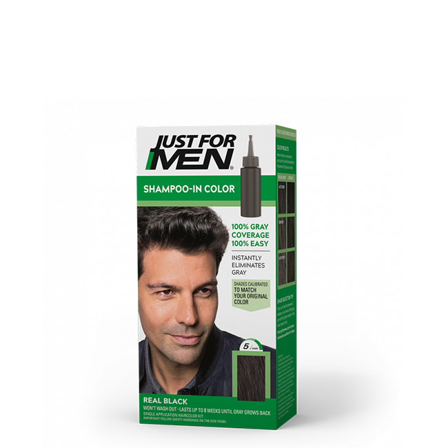JustForMenShampoo-inColorRealBlack Bottle of Just For Men Shampoo-in Color Real Black by Just For Men, a shampoo indicated for covering gray hair.