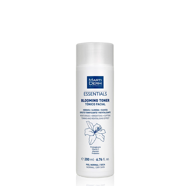 MartidermEssentialBloomingTonerNormal/DrySkin200ml Bottle of Essential Blooming Toner by Martiderm, a fluid toner indicated for soothing and brightening facial skin.