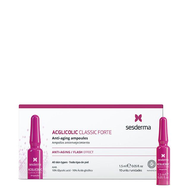 SesdermaAcglicolicClassicForteAmpoules10x1 Box of Sesderma Acglicolic Classic Forte Ampoules by Sesderma, a serum indicated for mitigating signs of aging.