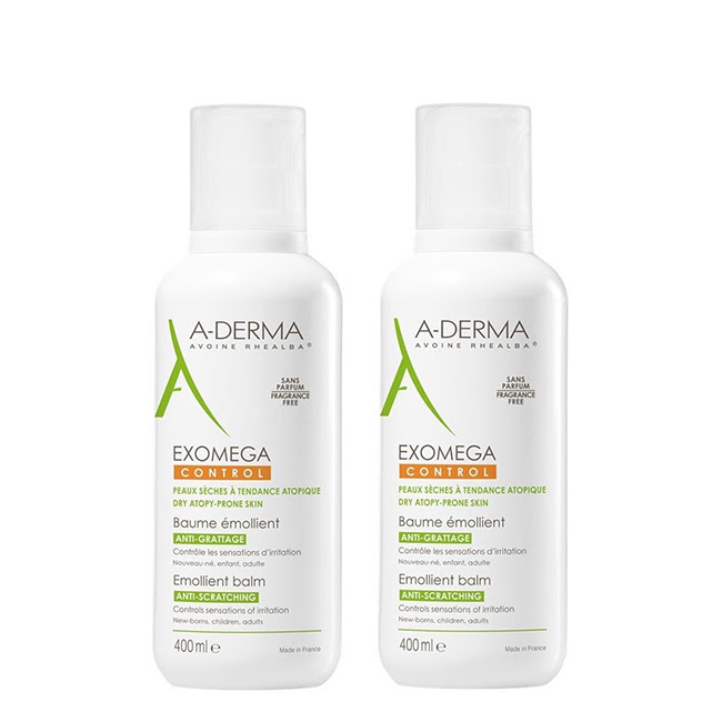 A-DermaExomegaControlEmollientBalmDuo2x400ml Product container of A-Derma Exomega Control Emollient Balm Duo by A-Derma, a balm indicated for dry and atopic skin.