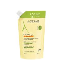 Bottle  of  A-Derma  Exomega  Control  Eco-Refill  Shower  Oil  by  A-Derma,  a  shower  oil  indicated  for  cleansing  dry  and  atopic  skin.