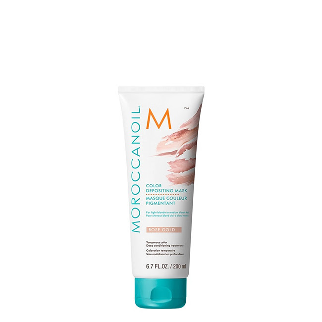 MoroccanoilColorDepositingMaskRoseGold200ml Jar of Moroccanoil Color Depositing Mask Rose Gold by Moroccanoil, a coloring mask indicated for luminous color and hair restoration.