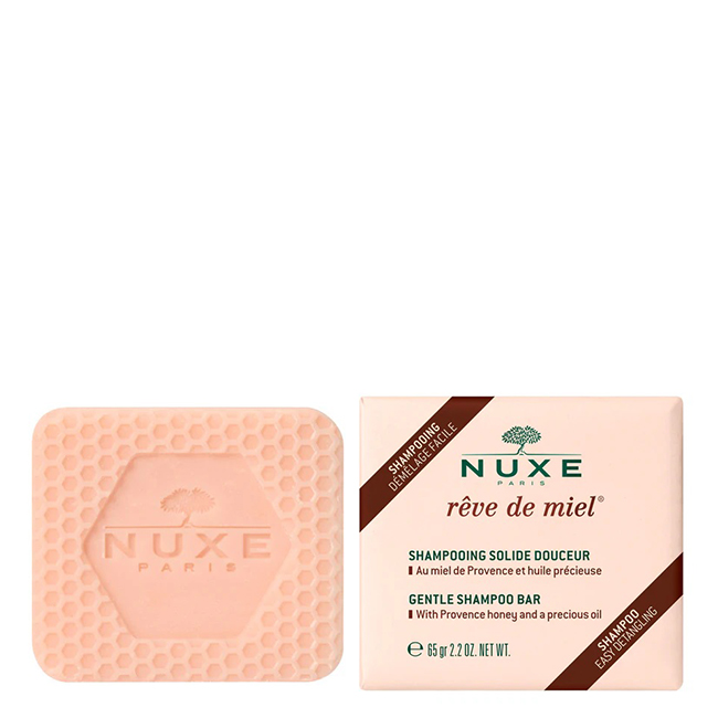 Nuxe Rêve de Miel Gentle Shampoo Bar 65g Product container of Nuxe Rêve de Miel Gentle Shampoo Bar by Nuxe, a solid shampoo indicated for gentle hair cleansing.
