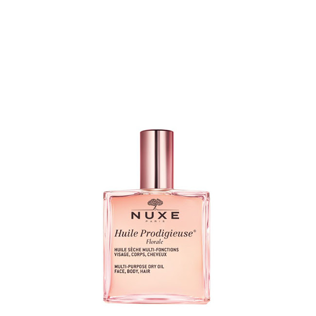NuxeHuileProdigieuseFloraleDryOilFace Bottle of Nuxe Huile Prodigieuse Florale Dry Oil by Nuxe, a dry oil indicated for nourishing and protecting face, body and hair.
