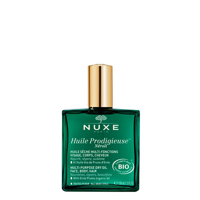 NuxeHuileProdigieuseNeroliDryOilFace Bottle of Nuxe Huile Prodigieuse Neroli Dry Oil by Nuxe, a dry oil indicated for nourishing and repairing face, body and hair.