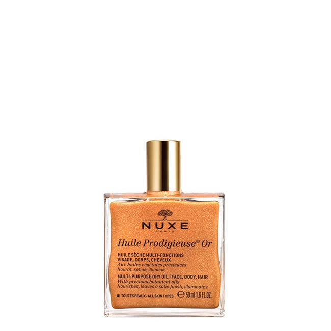 NuxeHuileProdigieuseORDryOilFace Bottle of Nuxe Huile Prodigieuse OR Dry Oil by Nuxe, a dry oil with gold pigments indicated for illuminating face, body and hair.