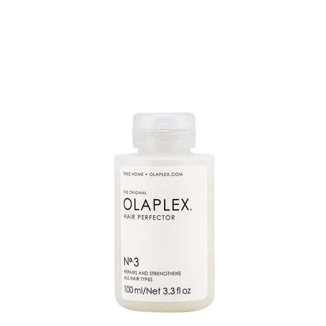 OlaplexNº3HairPerfector100ml Product container of Olaplex Nº 3 Hair Perfector by Olaplex, a hair treatment indicated for repairing and strengthening damaged hair.
