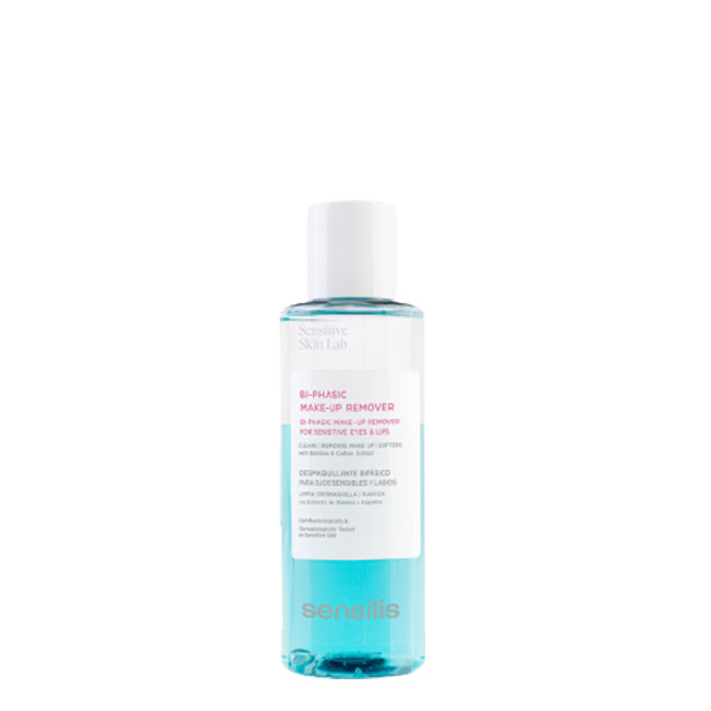 SensilisBi-PhasicMake-UpRemover150ml Bottle of Sensilis Bi-Phasic Make-Up Remover by Sensilis, a biphasic solution indicated for cleansing sensitive eyes and lips.