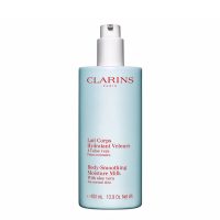 Bottle  of  Clarins  Body-Smoothing  Moisture  Milk  by  Clarins,  a  body  milk  indicated  for  moisturizing  and  softening  skin.