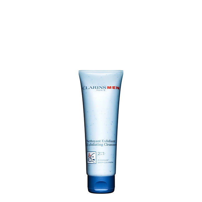 ClarinsMenExfoliatingCleanser2in1125ml Tube of Clarins Men Exfoliating Cleanser 2 in 1 by Clarins, a cleanser indicated for purifying and smoothing mens skin.