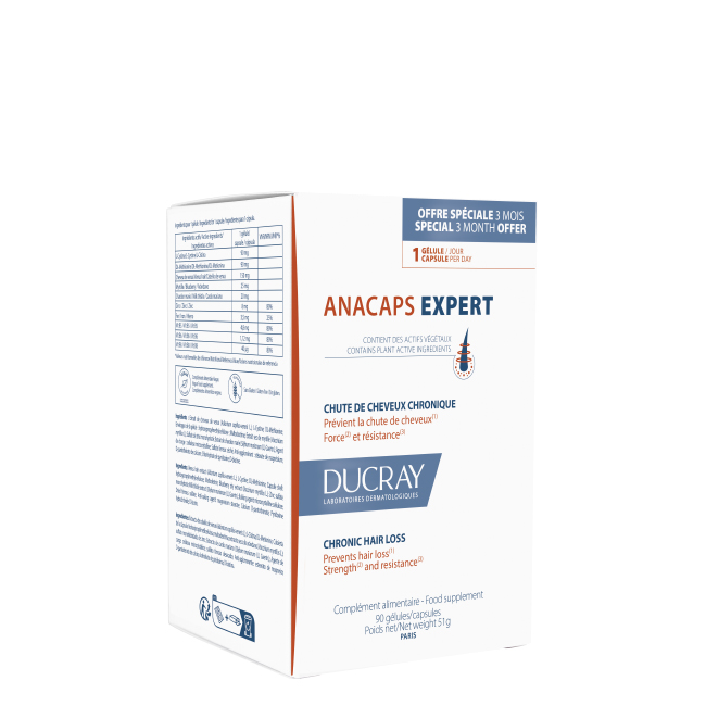 Ducray Anacaps Expert Trio Box of Ducray Anacaps Expert Trio Capsules by Ducray, a food supplement indicated for chronic hair loss.