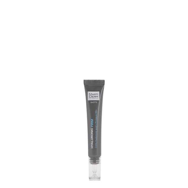 MartidermShotsHyaluronicFirm20ml Product container of Martiderm Shots Hyaluronic Firm by Martiderm, a concentrate indicated for intense hydration and firming.