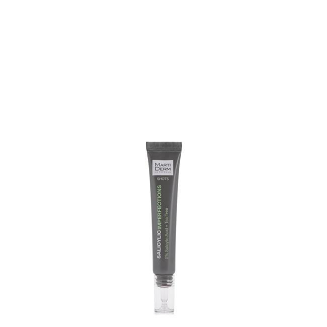 MartidermShotsSalicylicImperfections20ml Product container of Martiderm Shots Salicylic Imperfections by Martiderm, a concentrate indicated for pores and imperfections.