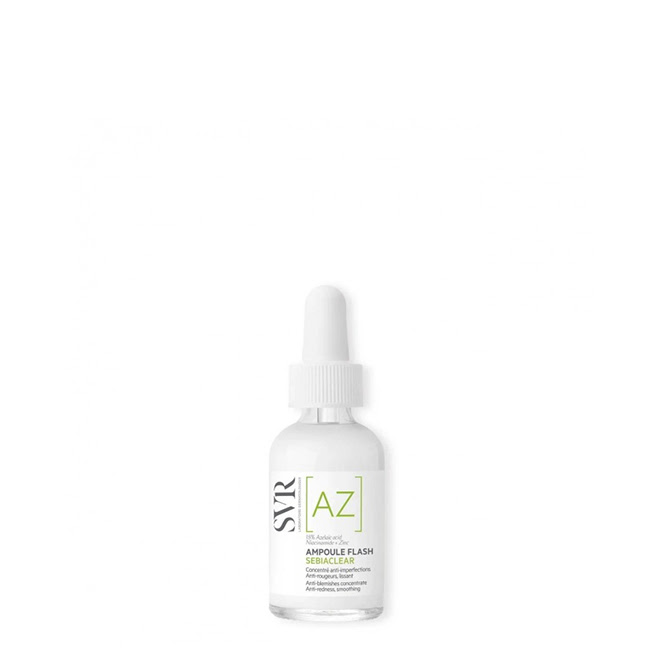 SVRSebiaclearAZAmpouleFlash30ml Bottle of SVR Sebiaclear AZ Ampoule Flash by SVR, a fluid concentrate indicated for reducing skin imperfections and redness.