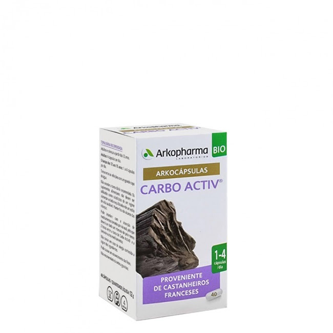 ArkocápsulasCarboActivBioCapsulesx40 Box of Arkocápsulas Carbo Activ Bio Capsules by Arkopharma, a food supplement indicated for eliminating gas from the stomach.
