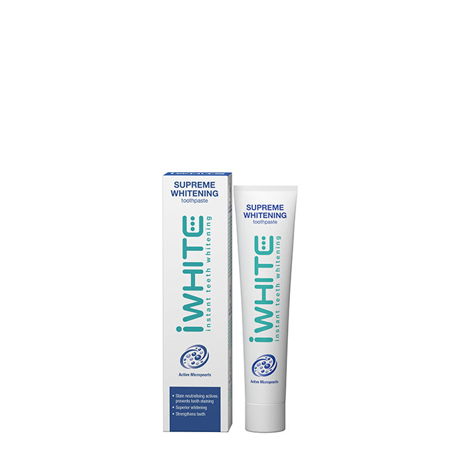 iWhiteSupremeWhiteningToothpaste75ml Tube of iWhite Supreme Whitening Toothpaste by iWhite, a toothpaste indicated for removing stains and teeth whitening.