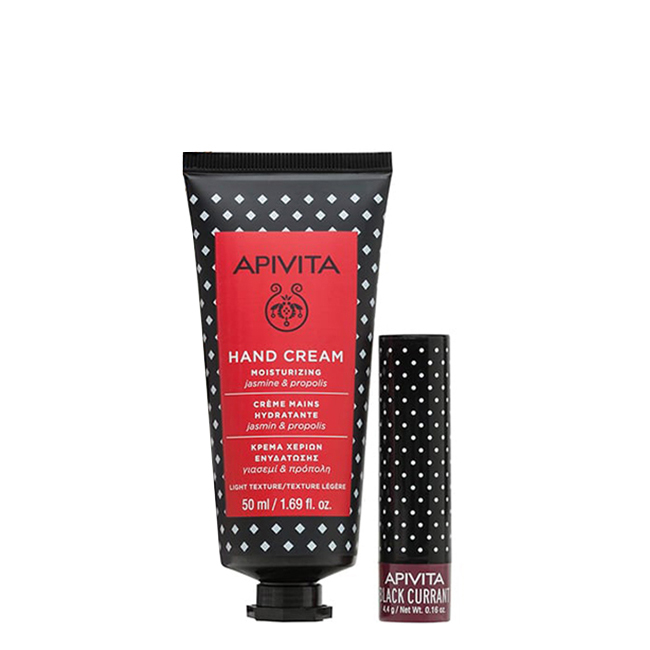 Apivita Hugs & Kisses Jasmine Set Hand & Lip Repair Product container of Apivita Hugs & Kisses Jasmine Set by Apivita, a care set indicated for repairing hands and lips.