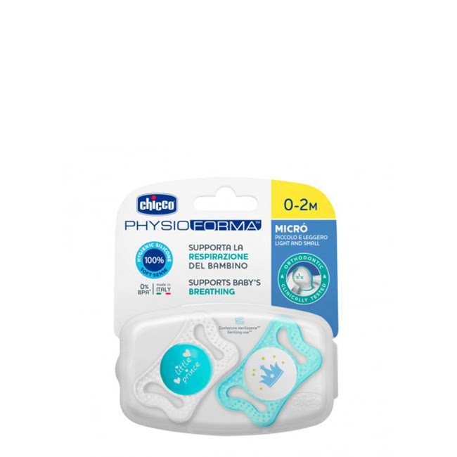 ChiccoPhysioFormaMicróSiliconePacifier0-2MBlue Product container of Chicco PhysioForma Micró Silicone Pacifier 0-2 M Blue by Chicco, a pacifier indicated for baby comfort.