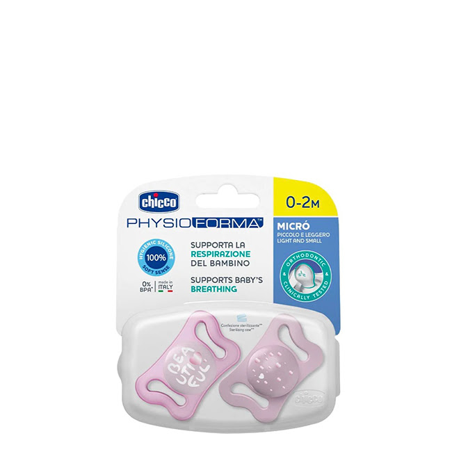 ChiccoPhysioFormaMicróSiliconePacifier0-2MPink Product container of Chicco PhysioForma Micró Silicone Pacifier 0-2 M Pink by Chicco, a pacifier indicated for baby comfort.