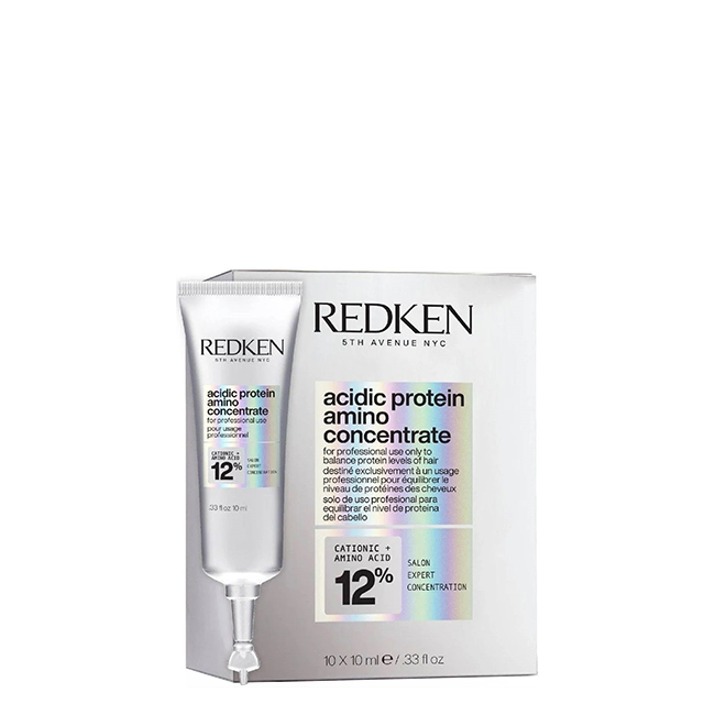 Redken Acidic Protein Amino Concentrate 10x10ml 12% Box of Redken Acidic Protein Amino Concentrate by Redken, a protein concentrate indicated for repairing damaged and dry hair.