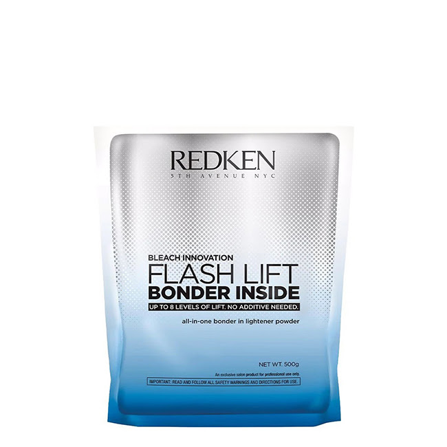 RedkenFlashLiftBonderInsideLightenerPowder500g Product container of Redken Flash Lift Bonder Inside Lightener Powder by Redken, a powder indicated for lightening and protecting hair.
