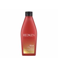 Bottle  of  Redken  Frizz  Dismiss  Smoothing  Conditioner  by  Redken,  a  conditioner  indicated  for  moisturizing  frizzy  and  unruly  hair.