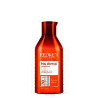 Bottle  of  Redken  Frizz  Dismiss  Smoothing  Conditioner  by  Redken,  a  conditioner  indicated  for  moisturizing  frizzy  and  unruly  hair.