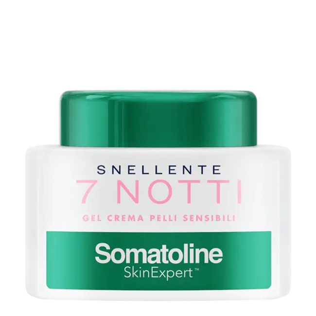 Somatoline Cosmetic 7 Nights Slimming Gel Cream Sensitive Skin 400ml Product container of Somatoline Cosmetic 7 Nights Slimming Gel Cream by Somatoline, a gel-cream indicated for sensitive skin.