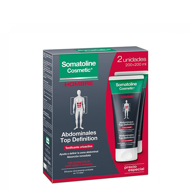 SomatolineCosmeticMenAbsTopDefinitionToningGelDuo2x200ml Product container of Somatoline Cosmetic Men Abs Top Definition Toning Gel Duo by Somatoline Cosmetic, a gel for toning abs.