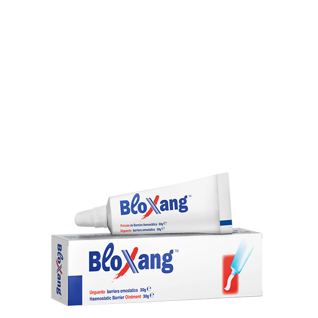 BloxangHemostaticOintment30g Tube of Bloxang Hemostatic Ointment by Bloxang, a barrier ointment indicated for the prevention of cutaneous mucosal bleeding.