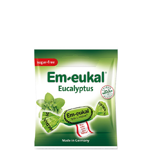 EukalSugar-FreeDropsEucalyptus-Menthol Box of Eukal Sugar-Free Drops Eucalyptus-Menthol by Eukal, a lozenge indicated for throat relief and alleviating cough.