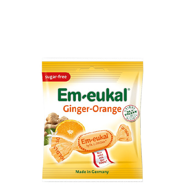 EukalSugar-FreeDropsGinger-Orange Box of Eukal Sugar-Free Drops Ginger-Orange by Eukal, a lozenge indicated for throat relief and alleviating cough.