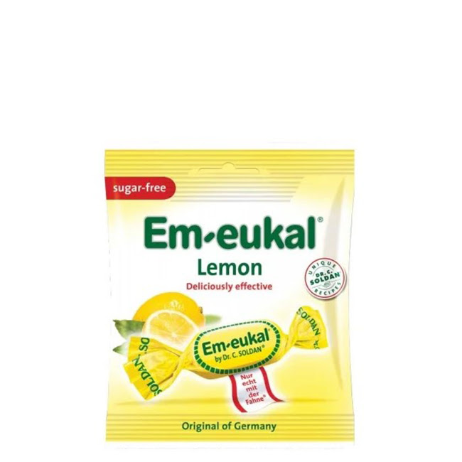 EukalSugar-FreeDropsLemon Box of Eukal Sugar-Free Drops Lemon by Eukal, a lozenge indicated for throat relief and alleviating cough.