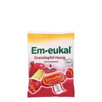 Box  of  Eukal  Sugar-Free  Drops  Pomegranate-Honey  by  Eukal,  a  lozenge  indicated  for  throat  relief  and  alleviating  cough.