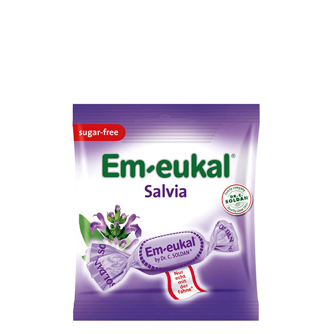 EukalSugar-FreeDropsSage Box of Eukal Sugar-Free Drops Sage by Eukal, a lozenge indicated for throat relief and alleviating cough.