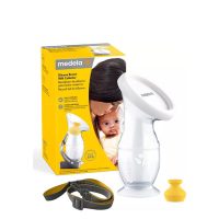 Product  container  of  Medela  Silicone  Breast  Milk  Collector  by  Medela,  a  silicone  collector  indicated  to  prevent  breast  milk  loss.