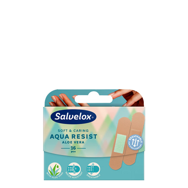 SalveloxAquaResistAloeVeraProtectivePlastersx16 Box of Salvelox Aqua Resist Aloe Vera Protective Plasters by Salvelox, a plaster indicated for wound protection and healing.