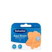 Box  of  Salvelox  Aqua  Resist  Protective  Plasters  by  Salvelox,  a  water  resistant  plaster  indicated  for  protecting  superficial  wounds.