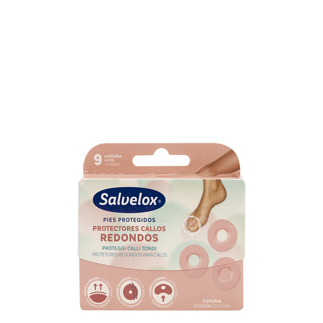 SalveloxCallusProtectorx9 Box of Salvelox Callus Protector by Salvelox, a foam patch indicated for reducing pain caused by shoe pressure on the feet.