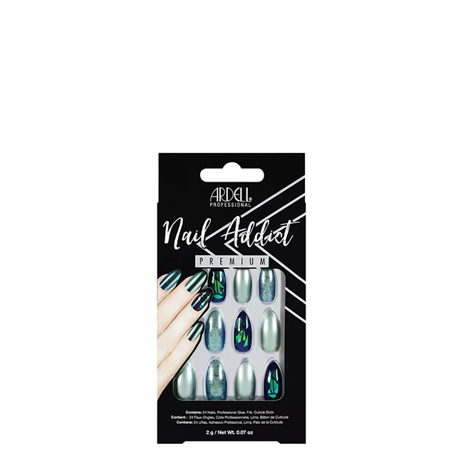 ArdellNailAddictPremiumArtificialNailSetGreenGlitterChromex24 Ardell Nail Addict Premium Green Glitter Chrome Unhas Postiças x24 - Image 1