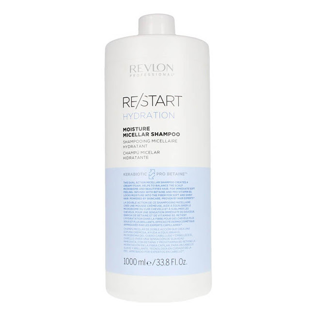 RevlonRe-StartHydrationMoistureMicellarShampoo1000ml Bottle of Revlon Re-Start Hydration Moisture Micellar Shampoo by Revlon, a shampoo indicated for hydrating dry hair and reducing frizz.
