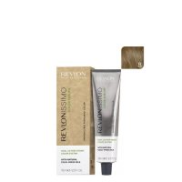 Product  container  of  Revlonissimo  Color  Sublime  Color  &  Care  Color  8  Light  Blonde  by  Revlon,  a  permanent  hair  color  for  white  hair  coverage.