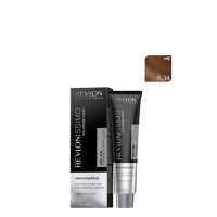 Product  container  of  Revlonissimo  Colorsmetique  High  Coverage  Color  6,34  Dark  Golden  Copper  Blonde  by  Revlon,  a  creamy  hair  color  for  grey  hair.